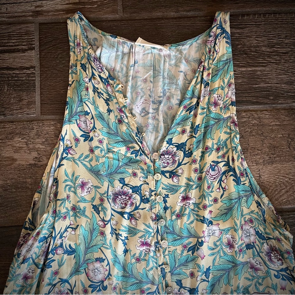 Lin Jia & Shop yellow and blue floral maxi dress tiny MOP buttons S - Picture 3 of 9